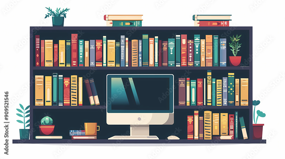A bookshelf with a computer monitor in the center. There are many colorful books on the shelves, as well as potted plants. A bookshelf with a computer monitor in the center. There are many colorful books on the shelves, as well as potted plants.