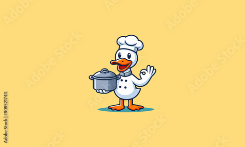 duck character is holding a pot while smiling vector flat design