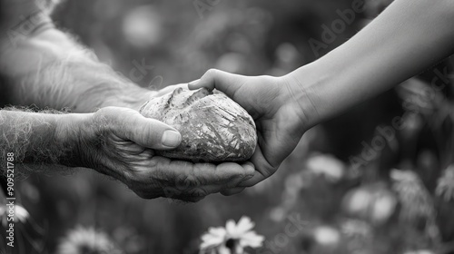 Helping Hand: Black and White Concept of a Man Giving Bread to a Person in Need