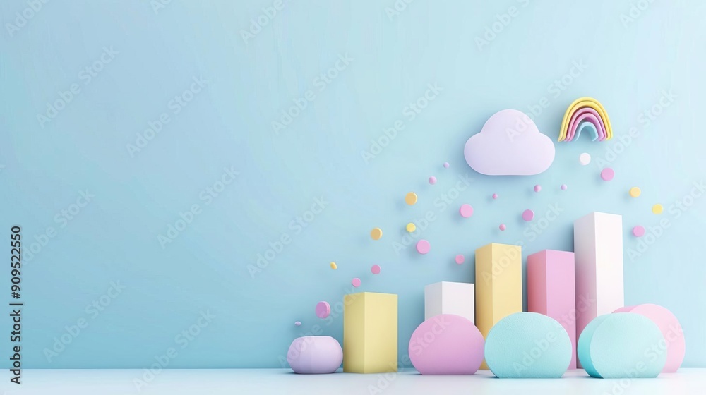 Pastel rainbow, cloud, and geometric shapes on a blue background. Pastel rainbow, cloud, and geometric shapes on a blue background.