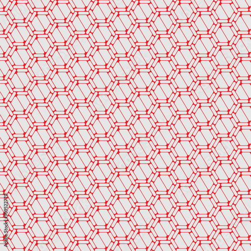 Repeating pattern of red curved lines forming hexagons. Perfect for backgrounds, textiles, packaging design, and abstract concepts needing dynamic visuals.