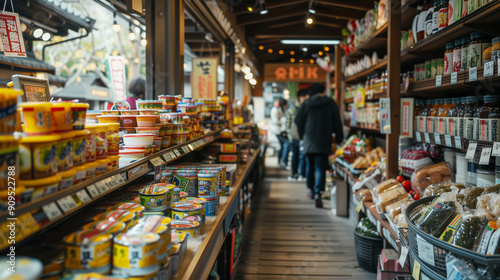 Colorful Japanese Market Stalls Displaying Fresh Produce and Packaged Goods in a Bustling Urban Setting
