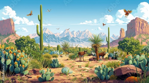 Fototapeta Naklejka Na Ścianę i Meble -  Cartoon vector desert ecosystem with cacti and desert animals