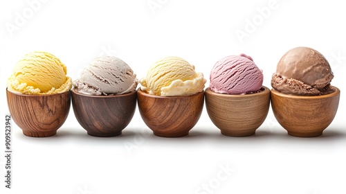 Lineup of Five Bowls of Ice Cream in Various Flavors for Dessert and Food Photography