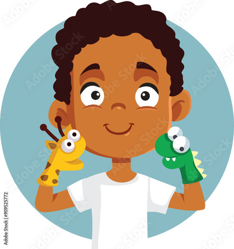 Cheerful Boy Holding Hand Sock Puppets Vector Cartoon. Creative kid feeling excited about dramatic art 
