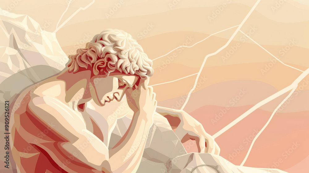 Classical sculptor statue working on a marble piece, abstract geometric shapes, vintage illustration, sepia tones, realistic detail Classical sculptor statue working on a marble piece, abstract geometric shapes, vintage illustration, sepia tones, realistic detail