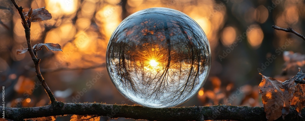 Fototapeta premium Crystal ball reflecting autumn forest at sunset, nature concept