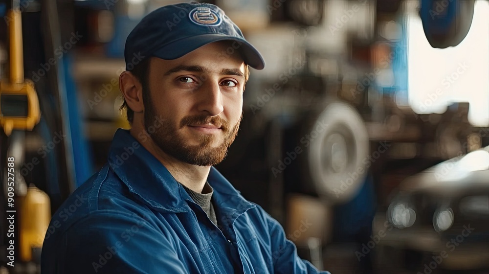Portrait of handsome bearded mechanic in overalls standing in auto repair shop Portrait of handsome bearded mechanic in overalls standing in auto repair shop