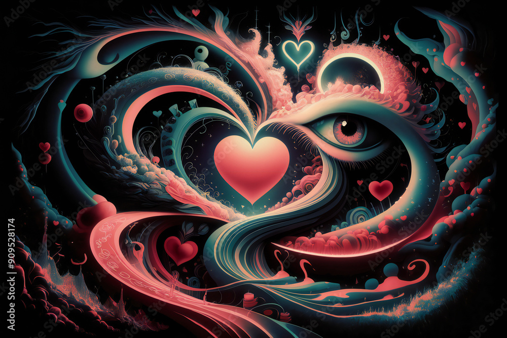 Abstract Surreal shapes like eyes, hearts mix in vibrant psychedelic or trippy art wallpaper. magic vibes. spirit world concept. Abstract Surreal shapes like eyes, hearts mix in vibrant psychedelic or trippy art wallpaper. magic vibes. spirit world concept.