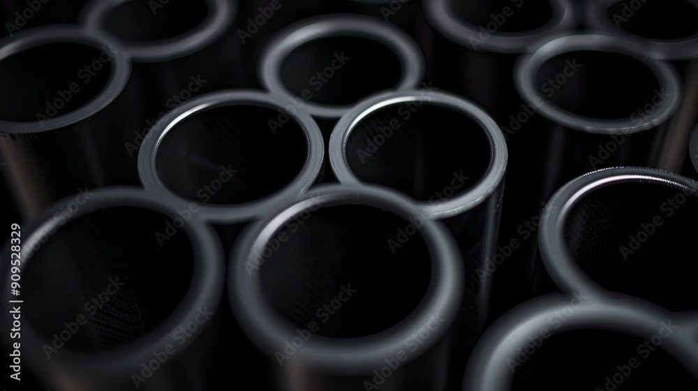 Metal symmetry: black steel pipes stand upright Metal symmetry: black steel pipes stand upright