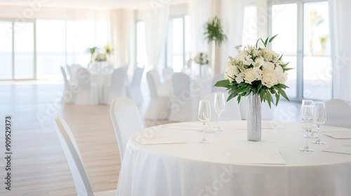 A high-resolution photo of a wedding venue with soft lighting  clean and beautiful.