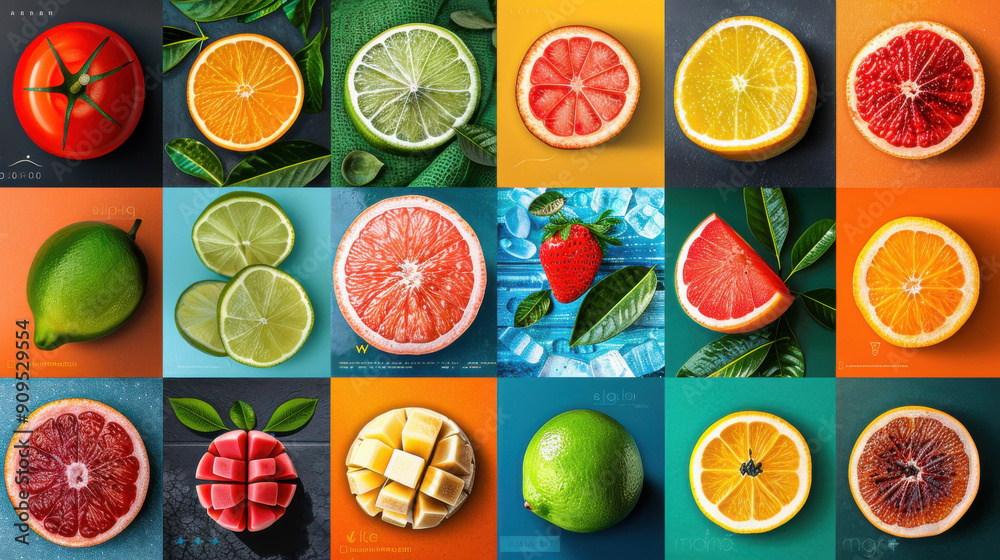 A vibrant grid of assorted citrus and berry fruit slices, creatively displayed with colorful backgrounds and green leaves, celebrating variety and freshness.
A vibrant grid of assorted citrus and berry fruit slices, creatively displayed with colorful backgrounds and green leaves, celebrating variety and freshness.