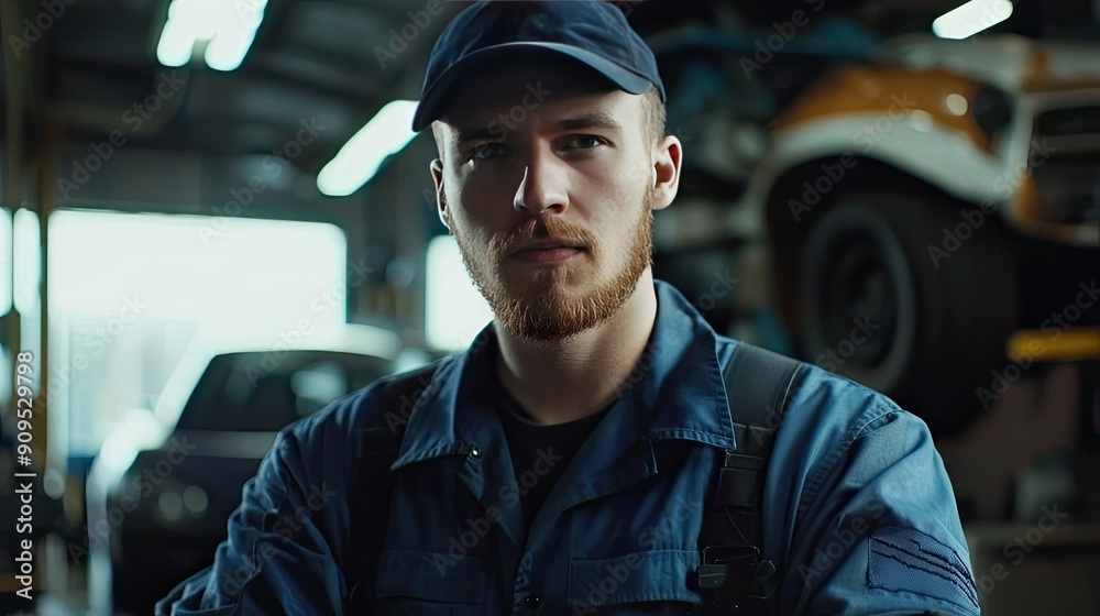 Portrait of handsome bearded mechanic in overalls standing in auto repair shop Portrait of handsome bearded mechanic in overalls standing in auto repair shop