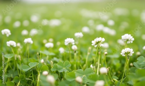 A field of green clovers with white flowers,Generative AI