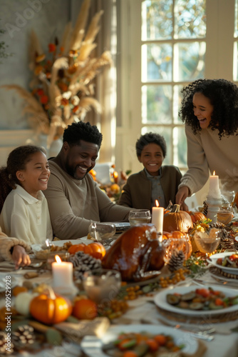 Wallpaper Mural  Happy multiracial parents and kids laughing during family meal on thanksgiving Torontodigital.ca
