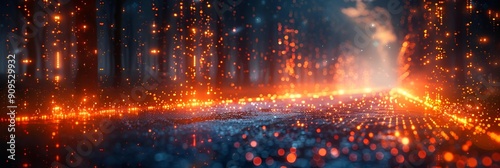 Blurry view of a road illuminated by orange lights