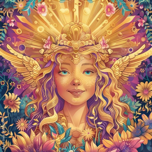 heavenly winged goddess of the sun, smiling, surrounded by flowers and plants, vector