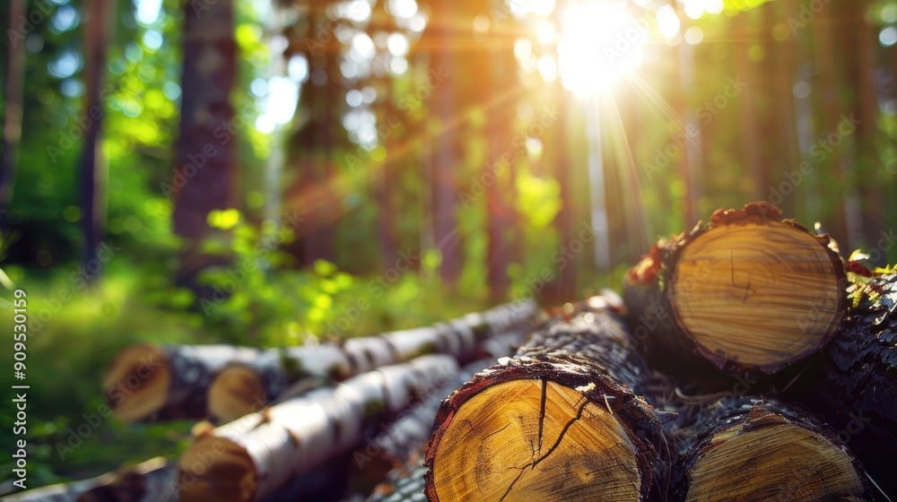 Fototapeta premium Pile of freshly cut logs stacked in a sunlit forest, representing forestry, nature, and timber harvesting..