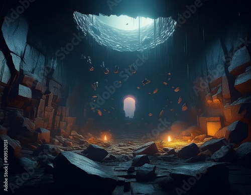 3D rendering of a fantasy hallway with an old door and a floor