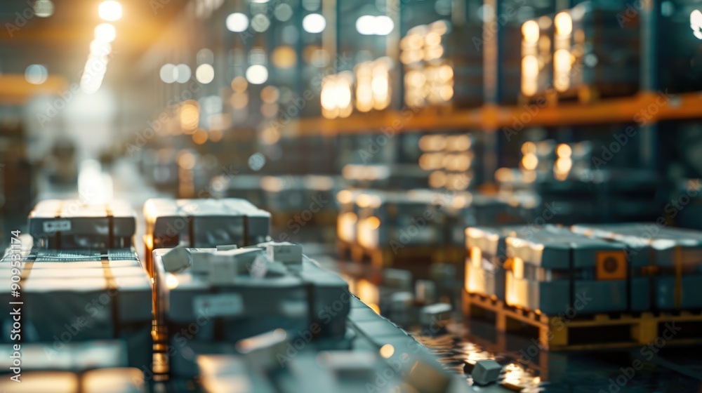 Obraz premium A busy logistics warehouse with stacks of pallets and trucks, illuminated by the warm glow of sunrise, showcasing industrial activity and supply chain management..