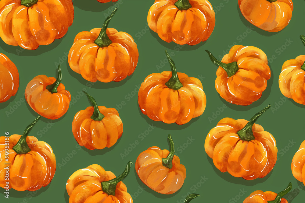 Vibrant autumn abstract pattern with pumpkins on green background Vibrant autumn abstract pattern with pumpkins on green background