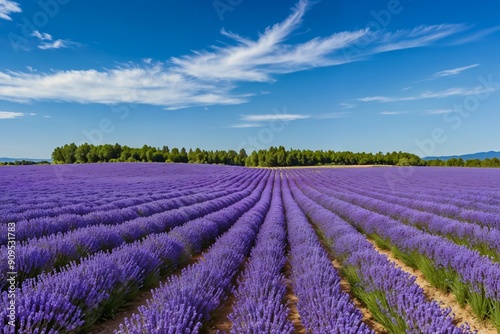Lavender field in full bloom under a clear blue sky  depicting natural beauty and tranquility.