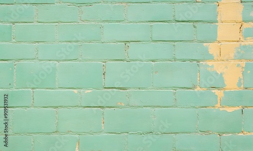 A green brick wall with yellow paint on it.  Generative AI