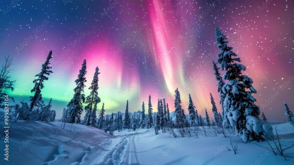 Obraz premium Breathtaking view of the Northern Lights illuminating the night sky above a serene snowy forest, creating a magical winter scene...