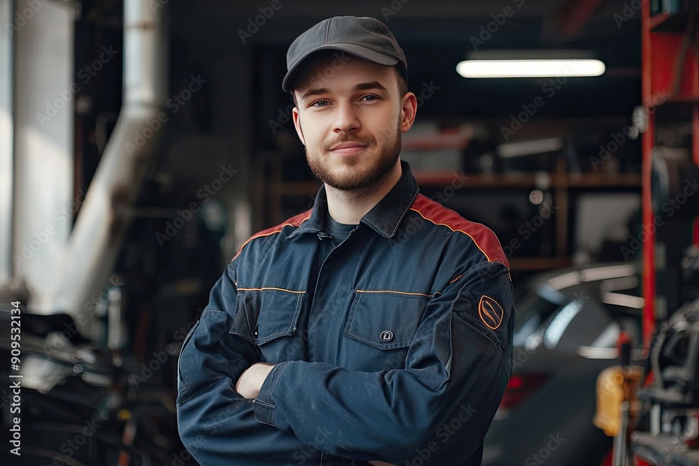 Portrait of handsome bearded mechanic in overalls standing in auto repair shop Portrait of handsome bearded mechanic in overalls standing in auto repair shop