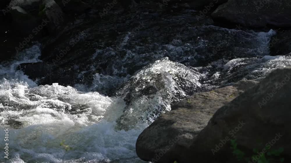 Slightly shaky handheld shot of fast-flowing stream striking a rock. Sunlight illuminates impact point, highlighting the turbulent water. Bubbles form behind the rock, showcasing the water's force. Slightly shaky handheld shot of fast-flowing stream striking a rock. Sunlight illuminates impact point, highlighting the turbulent water. Bubbles form behind the rock, showcasing the water's force.
