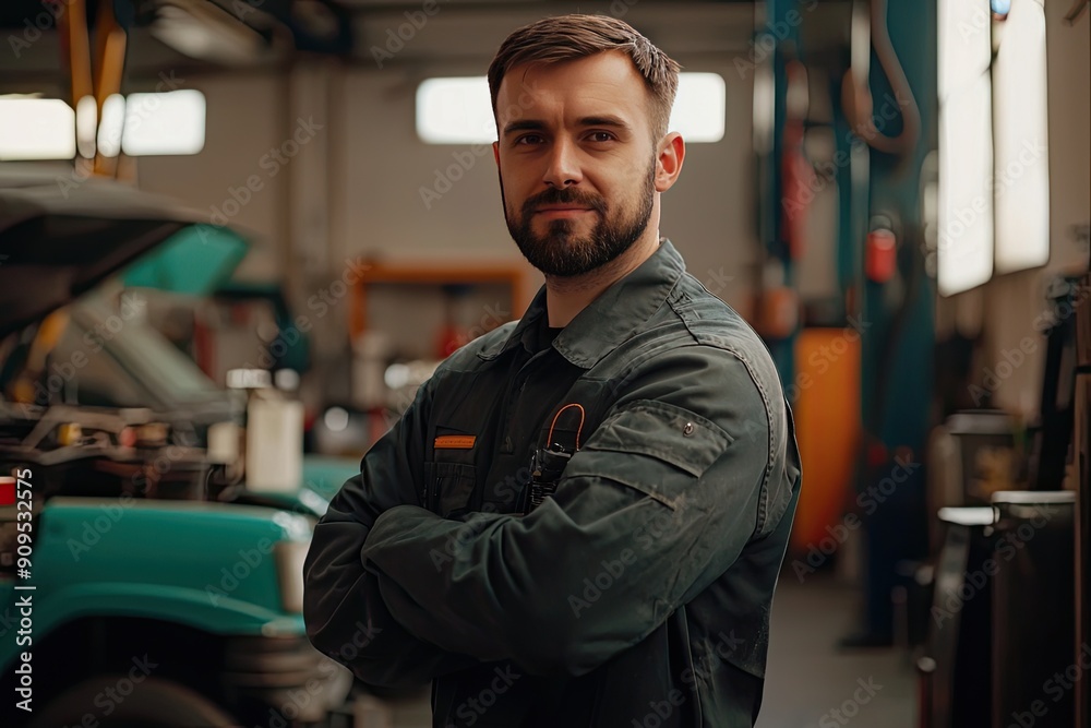 Portrait of handsome bearded mechanic in overalls standing in auto repair shop Portrait of handsome bearded mechanic in overalls standing in auto repair shop