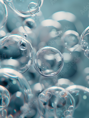 oil bubbles floating against a light background. The bubbles are semi-transparent with a reflective quality