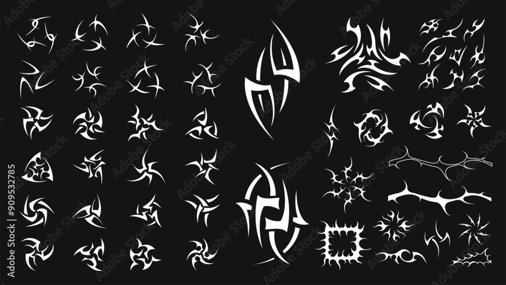 Y2K design elements collection. Retrofuturistic objects asset. Y2K style shapes set. Retro futuristic icons. Y2K design for graphic design, streetwear, covers, tattoo, techno parties.