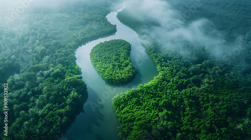 Serene Aerial View of Lush Green Forest and Meandering River at Dawn photo