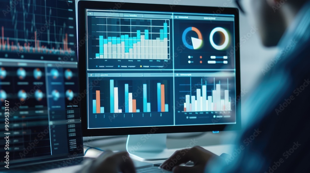 Naklejka premium A data analyst works on a computer reviewing financial and business charts, showcasing data analysis and business intelligence in a professional setting..