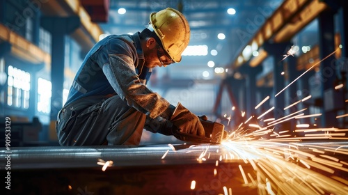 A skilled industrial worker in protective gear grinds metal in a factory, with bright sparks flying, showcasing precision and hard work..