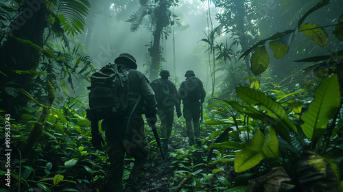 Military Personnel Navigate Dense Jungle With Lush Vegetation During Early Morning Expedition photo