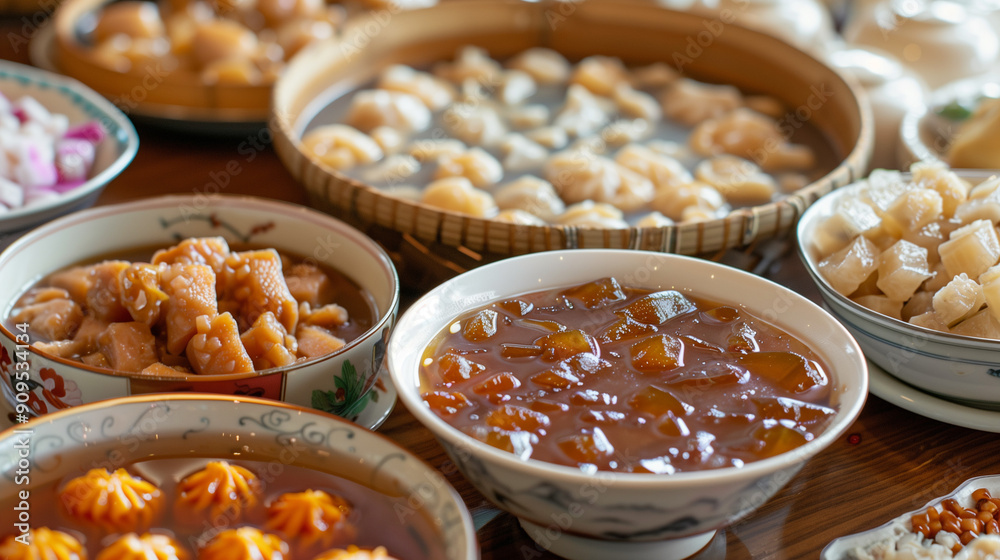 Various Traditional Asian Dishes Served on a Wooden Table During a Celebratory Gathering Various Traditional Asian Dishes Served on a Wooden Table During a Celebratory Gathering