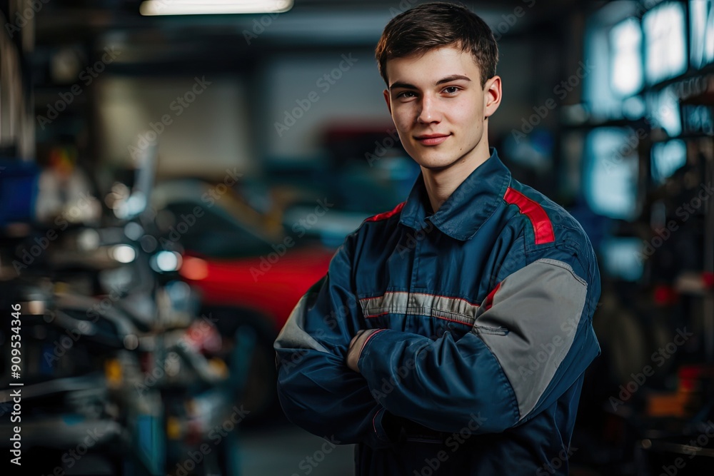 Portrait of handsome bearded mechanic in overalls standing in auto repair shop Portrait of handsome bearded mechanic in overalls standing in auto repair shop