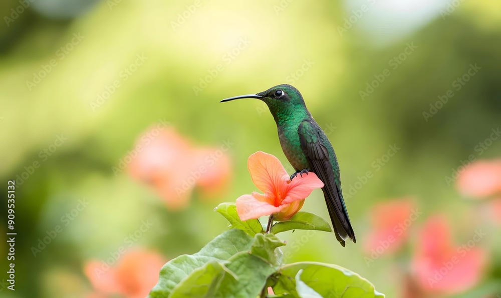 Fototapeta premium A hummingbird is perched on a flower, Generative AI