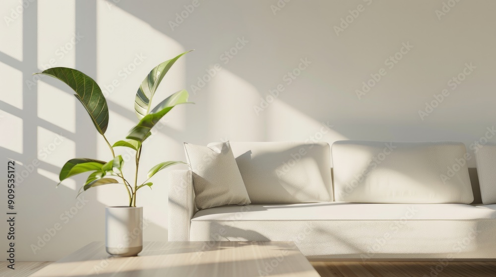 Bright minimalist living room with a white sofa, natural light, and a potted plant on a wooden table.. Bright minimalist living room with a white sofa, natural light, and a potted plant on a wooden table..