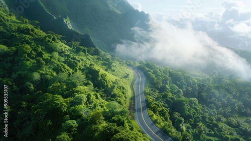 A winding road cuts through a lush, mist-covered forest, with sunlight filtering through the trees creating a serene and mystical atmosphere..