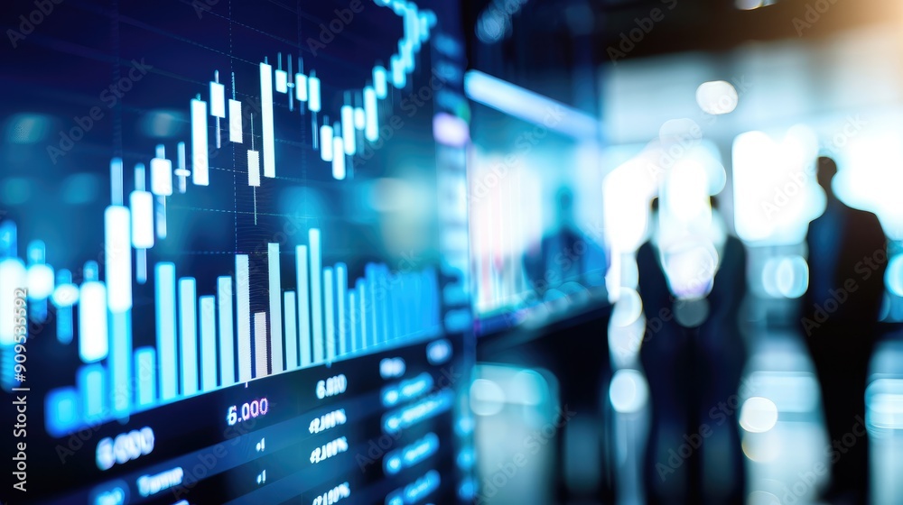 Close-up of financial graphs on a large screen in an office, with silhouettes of businesspeople in the background..