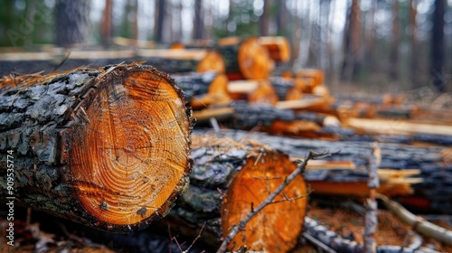 Wallpaper Mural Close-up view of a pile of freshly cut logs, showcasing the texture and rings of the wood, ready for processing.. Torontodigital.ca