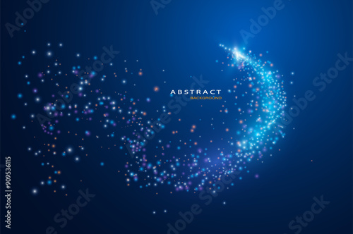 light shine sparkles in circle frame on blue background.
