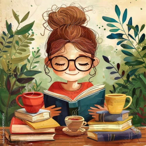 Cheerful Girl with books and ceramic mugs postcard illustration