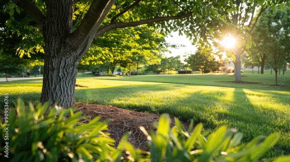Fototapeta premium Sunlight filtering through green leaves of a tree in a lush, tranquil park, casting a serene glow on the grass below..
