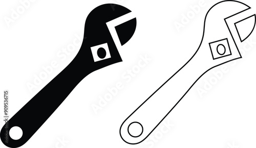 Hand drawn cute outline illustration of adjustable wrench or spanner instrument. Support service hardware icon with transparent background.