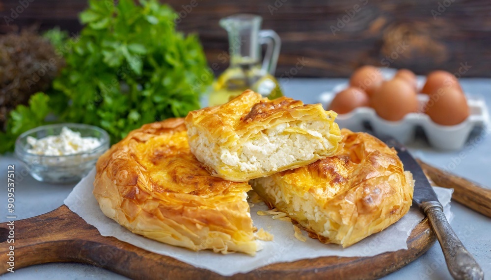 Delicious Banitsa: Bulgarian Pastry Filled with Feta Cheese and Eggs, Baked to Perfection Delicious Banitsa: Bulgarian Pastry Filled with Feta Cheese and Eggs, Baked to Perfection