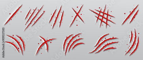 3d blood mark. Scary werewolf animal wound set, bloody dangerous lion talon or claw. Halloween monster tiger scratch isolated decorative. Wild realistic beast attack. Vector design texture